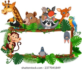 Vector cartoon illustration of zoo animals surrounded by tropical plants on a wooden frame