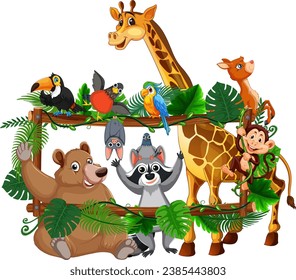 Vector cartoon illustration of zoo animals surrounded by tropical plants on a wooden frame