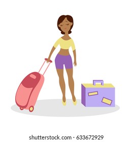 Vector cartoon illustration.Girl with luggage