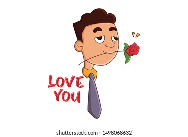 Vector cartoon illustration.Office employee is holding rose with mouth. Saying love you. Isolated on white background.