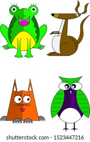 Vector Cartoon Illustrations Or Animated Frog, Kangaroo, Cat And Owl Expressive And Smiling