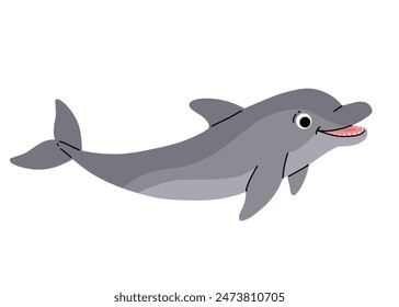 Vector cartoon illustrations of bottlenose common dolphin on a white background. Flat cute icon of dolphin. Underwater world, ocean, underwater inhabitants.