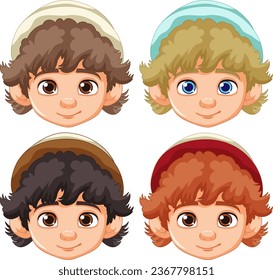 Vector cartoon illustrations of a boy wearing a beanie hat with various facial expressions