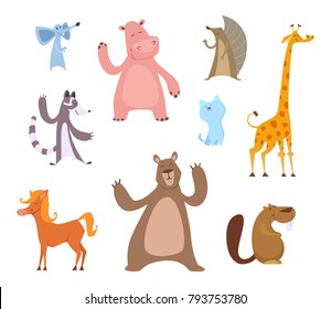 Vector cartoon illustrations of funny animals beaver and mouse, horse and cat, bear and giraffe