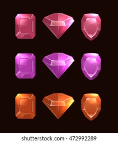 vector Cartoon illustrations of gems and diamonds. Icons in different shapes and colors, isolate on dark background.