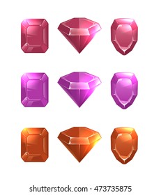 vector Cartoon illustrations of gems and diamonds. Icons in different shapes and colors, isolate on white background.