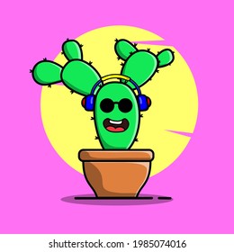 Vector cartoon illustrations of green cactus with happy and listening to music emotions. Funny emotions character collection for kids. Fantasy characters. 