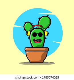 Vector cartoon illustrations of green cactus with happy and listening to music emotions. Funny emotions character collection for kids. Fantasy characters. 