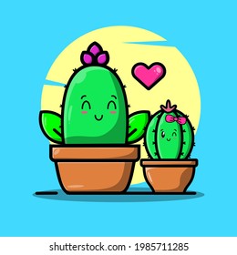 Vector cartoon illustrations of green cactus with happy and making love emotions. Funny emotions character collection for kids. Fantasy characters. 