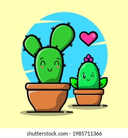 Vector cartoon illustrations of green cactus with happy and making love emotions. Funny emotions character collection for kids. Fantasy characters. 