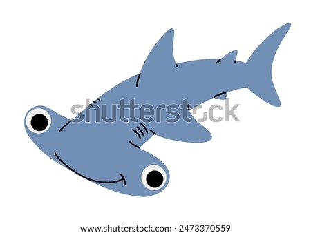 Vector cartoon illustrations of hammerhead shark on a white background. Flat cute icon of shark. Underwater world, ocean, underwater inhabitants.