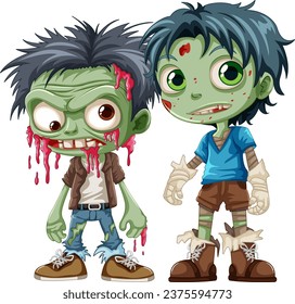 Vector cartoon illustrations of male zombies with green skin