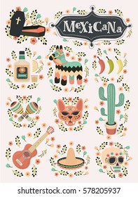 Vektorgrafik-Illustrationen von mexikanischen Objekten, die mit Blumen in Vintage-Farbe dekoriert sind. Mexicana Party, Siesta, Urlaub, Karneval