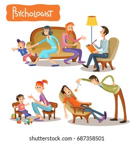 Vector cartoon illustrations the patient is talking with psychotherapist, consultation of psychologist. Depression businessman, teenage problems, alcohol and drug addiction, ADHD and autism