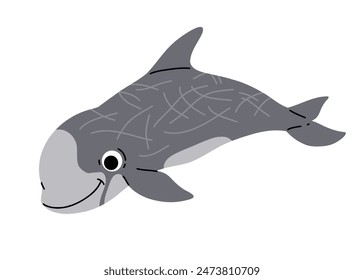 Vector cartoon illustrations of risso dolphin on a white background. Flat cute icon of dolphin. Underwater world, ocean, underwater inhabitants.