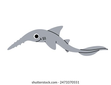 Vector cartoon illustrations of saw shark on a white background. Flat cute icon of shark. Underwater world, ocean, underwater inhabitants.