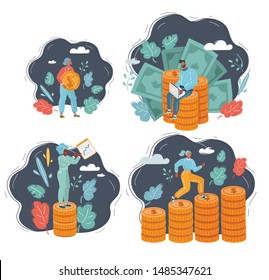 Vector cartoon illustrations set of Concept money saving. Success, financial investments, income growth, financial. Wealthy people climbs a stack of coins, coin in her hands, earns on freelance.