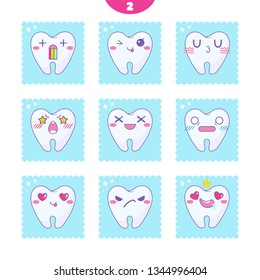 Vector cartoon illustrations. Set of kawaii smiles with different face expression. Signs, symbols of emotional teeth. Funny muzzles with smile, happy, angry, grumpy, disgusting faces. Set 2 from 6 