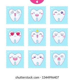 Vector cartoon illustrations. Set of kawaii smiles with different face expression. Signs, symbols of emotional teeth. Funny muzzles with smile, happy, angry, grumpy, disgusting faces. Set 4 from 6 