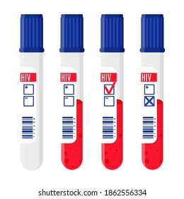 Vector Cartoon Illustrations Set Of Test Tubes With Blood Testing For HIV. Empty Tube, Positive, Negative And Undefined Test. December 1 Is The World AIDS Day. Get Tested For HIV.