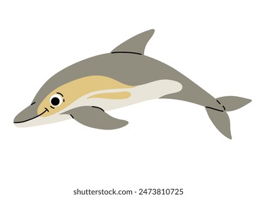 Vector cartoon illustrations of short beaked common dolphin on a white background. Flat cute icon of dolphin. Underwater world, ocean, underwater inhabitants.