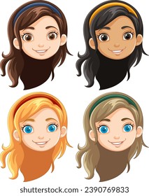 Vector cartoon illustrations of smiling girls with long hair in various colors