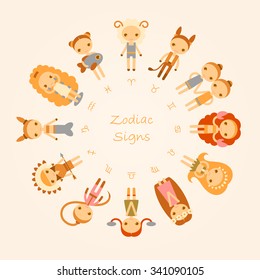 vector cartoon illustrations of the twelve Zodiac Signs Aries, Taurus, Gemini, Cancer, Leo, Virgo, Libra, Scorpio, Sagittarius, Capricorn, Aquarius, Pisces