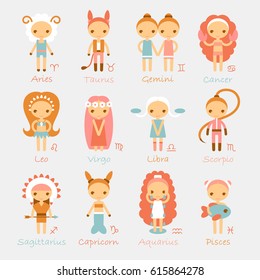 vector cartoon illustrations of the twelve Zodiac Signs Aries, Taurus, Gemini, Cancer, Leo, Virgo, Libra, Scorpio, Sagittarius, Capricorn, Aquarius, Pisces