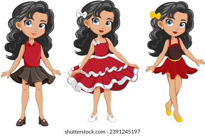 Vector cartoon illustrations of women with long hair in different outfits