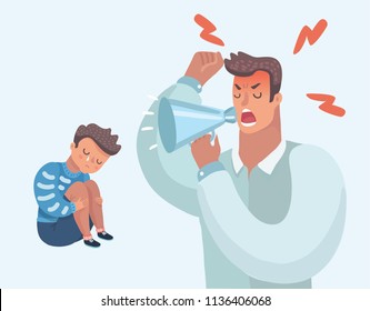 Vector Cartoon Illustratioon Of Father Scolds His Son. Humans Character On White Isolated Background. Angry Parent. Wrong Education, Psychology.