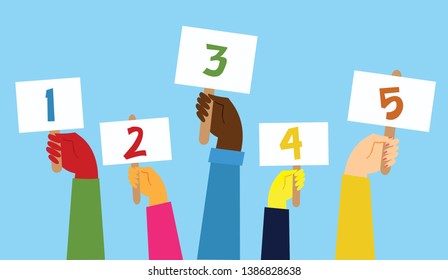 Vector cartoon illustratioon of hands holding banners with numbers  from one to five in the flat style