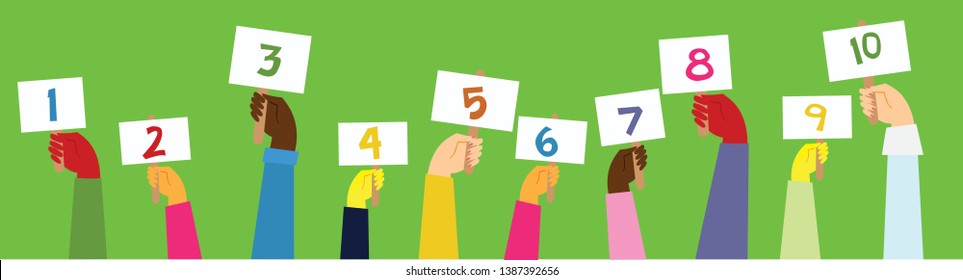 Vector Cartoon Illustratioon Of Hands Holding Banners With Numbers From 1 To 10 In The Flat Style