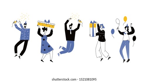 	
Vector cartoon illustraton of Happy people celebrate an important event. Joyful emotions set character jump and celebrate on white background.
