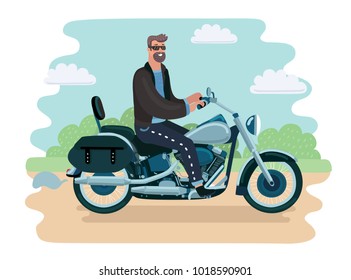Vector cartoon illustraton of motorcyclict man. Biker on motorcycle. Male biker character ride on summer park landscape.