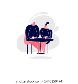 Vector cartoon illustrattation of couple sitting at the cafe drinking coffee or tea