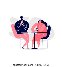 Vector cartoon illustrattation of two girlfriends sitting at the table and drinking tea or coffee
