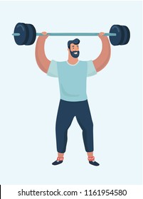 Vector cartoon illustrtion of body builder lifting giant dumbell with one hand. Modern male character on white background.