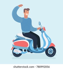 Vector cartoon ilustration of cheerful guy rides a motorbike. Human characters on white isolated background.