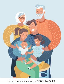 Vector cartoon ilustration of Family close up photo portrait. Mothe,r father, son, daughter, baby, grandmother, grandfather. Human character on white bacground.