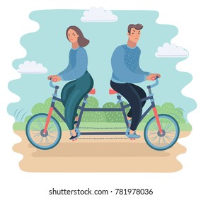 Vector Cartoon Ilustration OConflict Of Interest. Family Conflict Concept. Couple Ride On Tandem To Opposite Derection. Against Each Other.