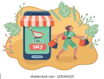 Vector cartoon ilustration of Phone conversation between a man and a woman. Character send message each other outdoor.