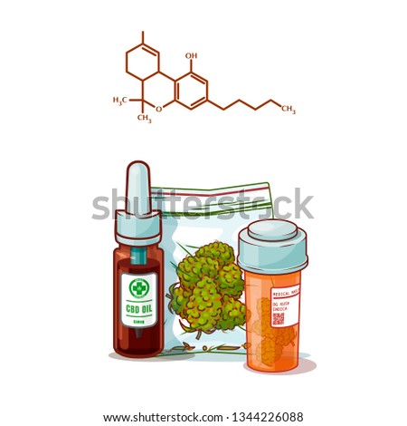 Vector cartoon image "Alternative Medicine". CBD Oil Bottle with pack of marijuana buds (heads) and orange pills can with marijuana heads(buds) + CBD formula. Isolated image. 