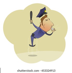 Vector cartoon image of angry police officer in uniform whistling and waving baton on light background. Vector illustration of police work.