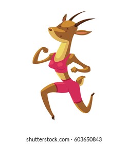 Vector cartoon image of animals in the gym: a funny brown gazelle in pink shorts and tank-top jogging and smiling on a white background. Sports, healthy lifestyle, doing workout.