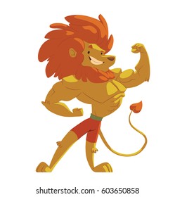 Vector cartoon image of animals in the gym: a funny lion with a big orange mane in orange shorts showing muscles and smiling on a white background. Sports, healthy lifestyle, doing workout.