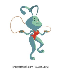 Vector cartoon image of animals in the gym: a funny light blue rabbit in a red swimsuit jumping on a rope and smiling on a white background. Sports, healthy lifestyle, doing workout.