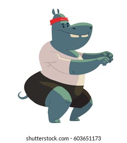 Vector cartoon image of animals in the gym: a funny big gray hippo in black shorts and white t-shirt doing sit-ups and smiling on a white background. Sports, healthy lifestyle, doing workout.