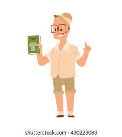 Vector cartoon image of archaeologist bald man wearing glasses in beige shorts, shirt and pith helmet standing with a green book in his hand on a white background. Excavations, archeology. 