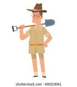 Vector cartoon image of archaeologist man with brown hair in glasses, in beige shorts, shirt and brown hat standing with a shovel in hand on a white background. Excavations, archeology. 