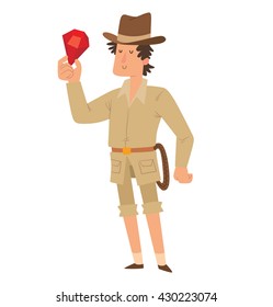 Vector cartoon image of archaeologist man with black hair in beige shorts, shirt and brown hat standing with a red jewel in his hand on a white background. Excavations, archeology. 